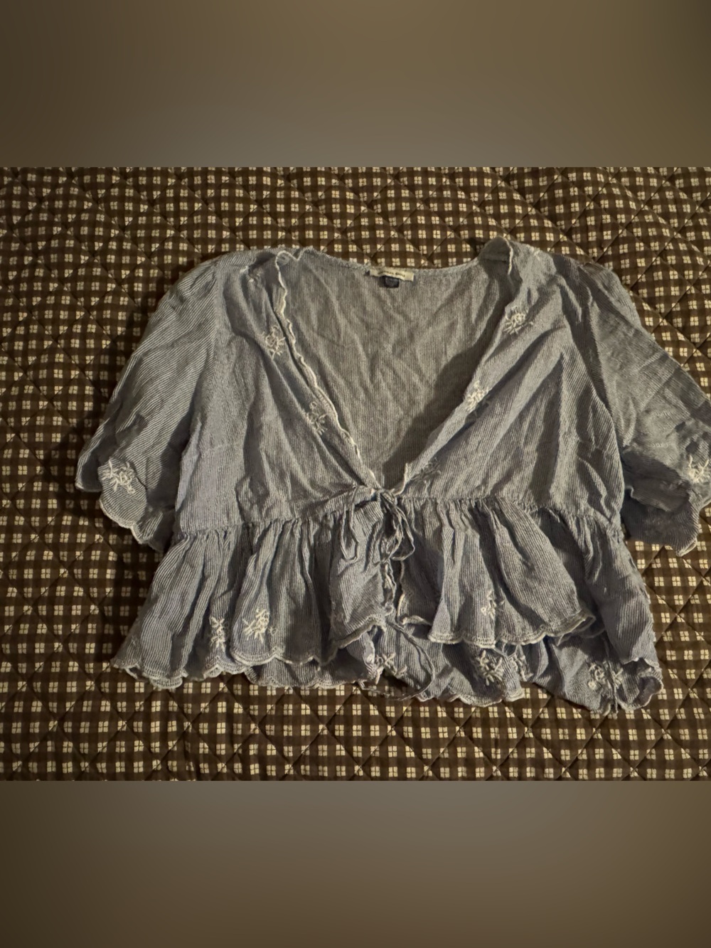 American Eagle Outfitters Light Blue Embroidered Tie-Front Peplum Blouse